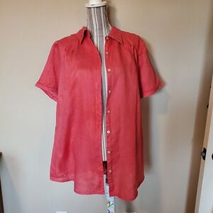 Avenue Women Plus‎ Sz 18/20 Coral Pink 100% Linen Short Sleeve Button Down Shirt
